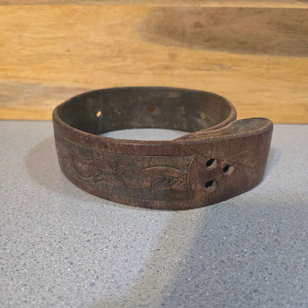Vintage Distressed Brown Leather Saddle Strap Embossed Western